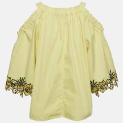 Pre Owned Sandro Yellow Lace Trim Cotton Cold-Shoulder Blouse M