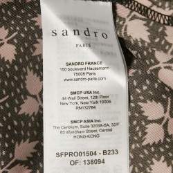 Pre Owned Sandro Black Leaf Print Satin Button Detail V-Neck Long Dress L