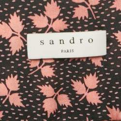 Pre Owned Sandro Black Leaf Print Satin Button Detail V-Neck Long Dress L