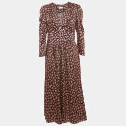 Pre Owned Sandro Black Leaf Print Satin Button Detail V-Neck Long Dress L