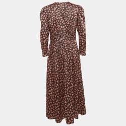 Pre Owned Sandro Black Leaf Print Satin Button Detail V-Neck Long Dress L