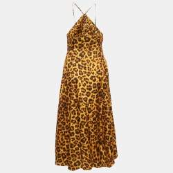 Pre Owned Sandro Orange Leopard Print Satin Cut-Out Ruched Midi Dress S