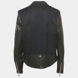 Pre Owned Sandro Navy Blue Cotton Leather Sleeved Biker Jacket L