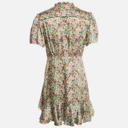 Pre Owned Sandro Cream Floral Print Crepe Ruffled Mini Dress L