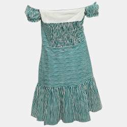 Pre Owned Sandro Teal Blue Striped Crepe Ruffled Mini Dress S