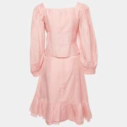 Pre Owned Sandro Pink Linen Ruffled Top and Skirt Set L