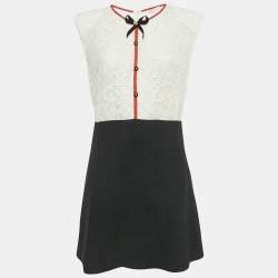 Pre Owned Sandro White /Black Lace & Tweed Bow Detailed Mini Dress L