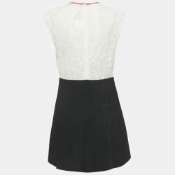 Pre Owned Sandro White /Black Lace & Tweed Bow Detailed Mini Dress L