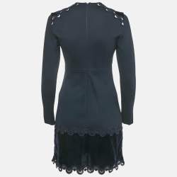 Pre Owned Sandro Navy Blue Jersey Lace and Velvet Detail Mini Dress S