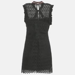 Pre Owned Sandro Black Lace Ruffled Sleeveless Tie Neck Detail Fidele Mini Dress M