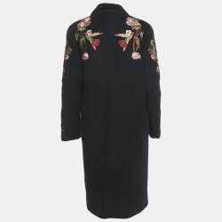 Pre Owned Sandro Navy Blue Floral Embroidery Wool Long Coat S