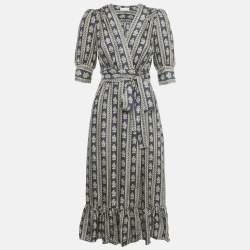 Pre Owned Sandro Navy Blue Printed Silk Wrap Around Midi Dress XS