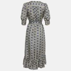 Pre Owned Sandro Navy Blue Printed Silk Wrap Around Midi Dress XS