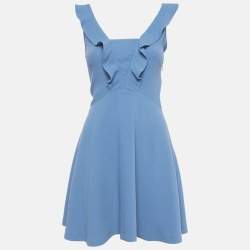 Pre Owned Sandro Blue Crepe Ruffle Detail Mini Dress S
