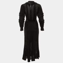 Pre Owned Sandro Black Pointelle Knit Johanne Ruffled Long Dress S