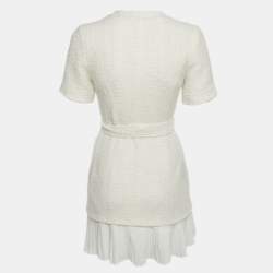 Pre Owned Sandro White Tweed & Plisse Mini Coat Dress S 