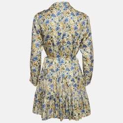 Pre Owned Sandro Yellow/Blue Blossom Print Silk Mini Dress S