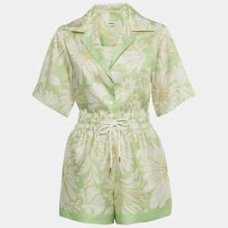 Pre Owned Sandro Green Floral Print Satin Top & Shorts Set XS