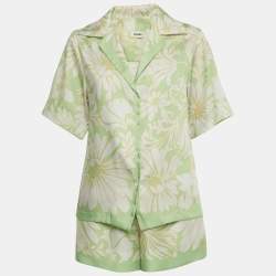 Pre Owned Sandro Green Floral Print Satin Top & Shorts Set XS