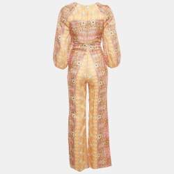 Pre Owned SANDRO Beige Printed Linen Blend Tie Detail Wide Leg Jumpsuit XS