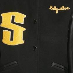 Pre Owned Sandro Black Embroidered Wool and Leather Varsity Jacket S
