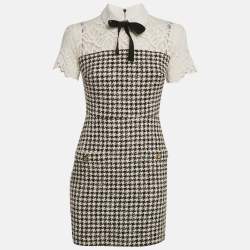 Pre Owned Sandro Monochrome Tweed & Lace Collared Mini Dress S