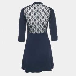 Pre Owned Sandro Navy Blue Crepe Lace Panel Jovane Mini Dress S