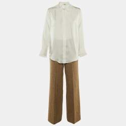 Pre Owned Sandro Beige Tweed & White Satin Shirt , Vest & Pants Set S