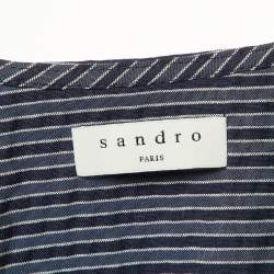 Pre Owned Sandro Navy Blue Striped Cotton Blend Plunge Neck Mini Dress XL 