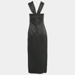 Pre Owned Sandro Black Satin & Linen V-Neck Cut Out Slit Maxi Dress S 
