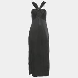 Pre Owned Sandro Black Satin & Linen V-Neck Cut Out Slit Maxi Dress S 