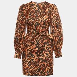 Pre Owned Sandro Brown /Black Animal Print Silk Moon Mini Dress XS