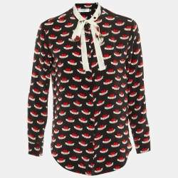 Pre Owned Sandro Black Love Print Silk Tie Neck Blouse M 