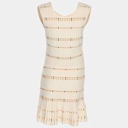 Pre Owned Sandro Cream Striped Rib Knit Top and Mini Skirt Set S