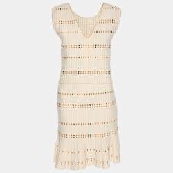 Pre Owned Sandro Cream Striped Rib Knit Top and Mini Skirt Set S