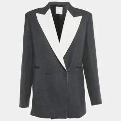 Pre Owned Sandro Grey /White Crepe Blend Double Breasted Blazer L