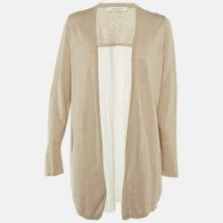 Pre Owned Sandro Beige Knit & Crepe Pleated Cardigan M
