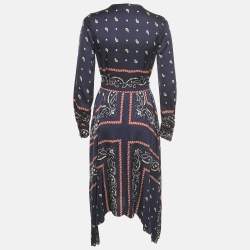 Pre Owned Sandro Blue Bandana Print Satin Asymmetric Midi Dress XS