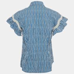 Pre Owned Sandro Blue/ White Striped Embellished Trim Cotton Erine Shirt M