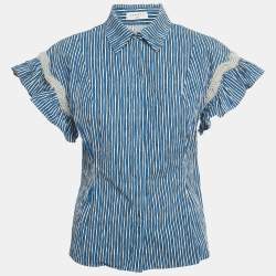 Pre Owned Sandro Blue/ White Striped Embellished Trim Cotton Erine Shirt M