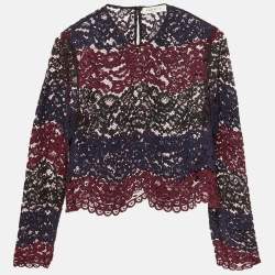 Pre Owned Sandro Maroon Floral Lace Scalloped Crop Top M