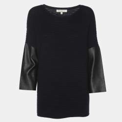 Pre Owned Sandro Navy Blue/Black Rib Knit and Leather Tops S