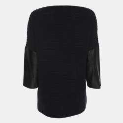 Pre Owned Sandro Navy Blue/Black Rib Knit and Leather Tops S