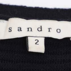 Pre Owned Sandro Navy Blue/Black Rib Knit and Leather Tops S