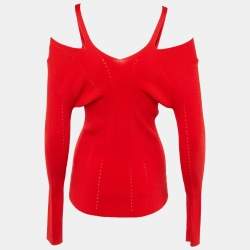 Pre Owned Sandro Red Knit Cold Shoulder Top M