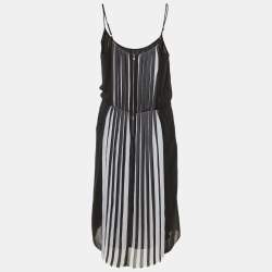 Pre Owned Sandro Black /White Pleated Crepe Midi Dress M