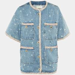Pre Owned Sandro Blue Distressed Denim Braid Trim Jacket XL