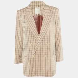 Pre Owned Sandro Beige Checkered Print Lurex Crepe Danube Blazer L