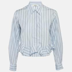 Pre Owned سندرو قميص قصير بحافة مكشكشة مخطط باللون الأزرق من القطن مقاس صغير