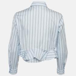 Pre Owned سندرو قميص قصير بحافة مكشكشة مخطط باللون الأزرق من القطن مقاس صغير